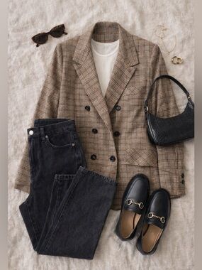 The Vintage Shop Plaid Double-Breasted Blazer in Beige and Brown